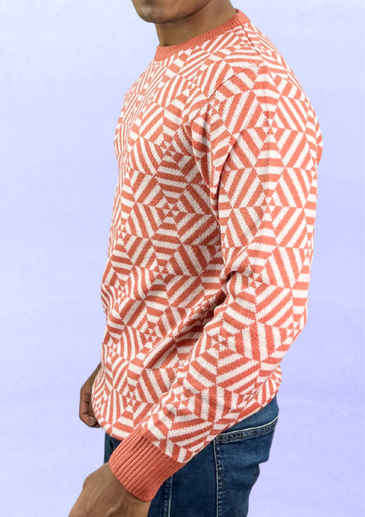 Geometric Knit Sweater - Coral and White