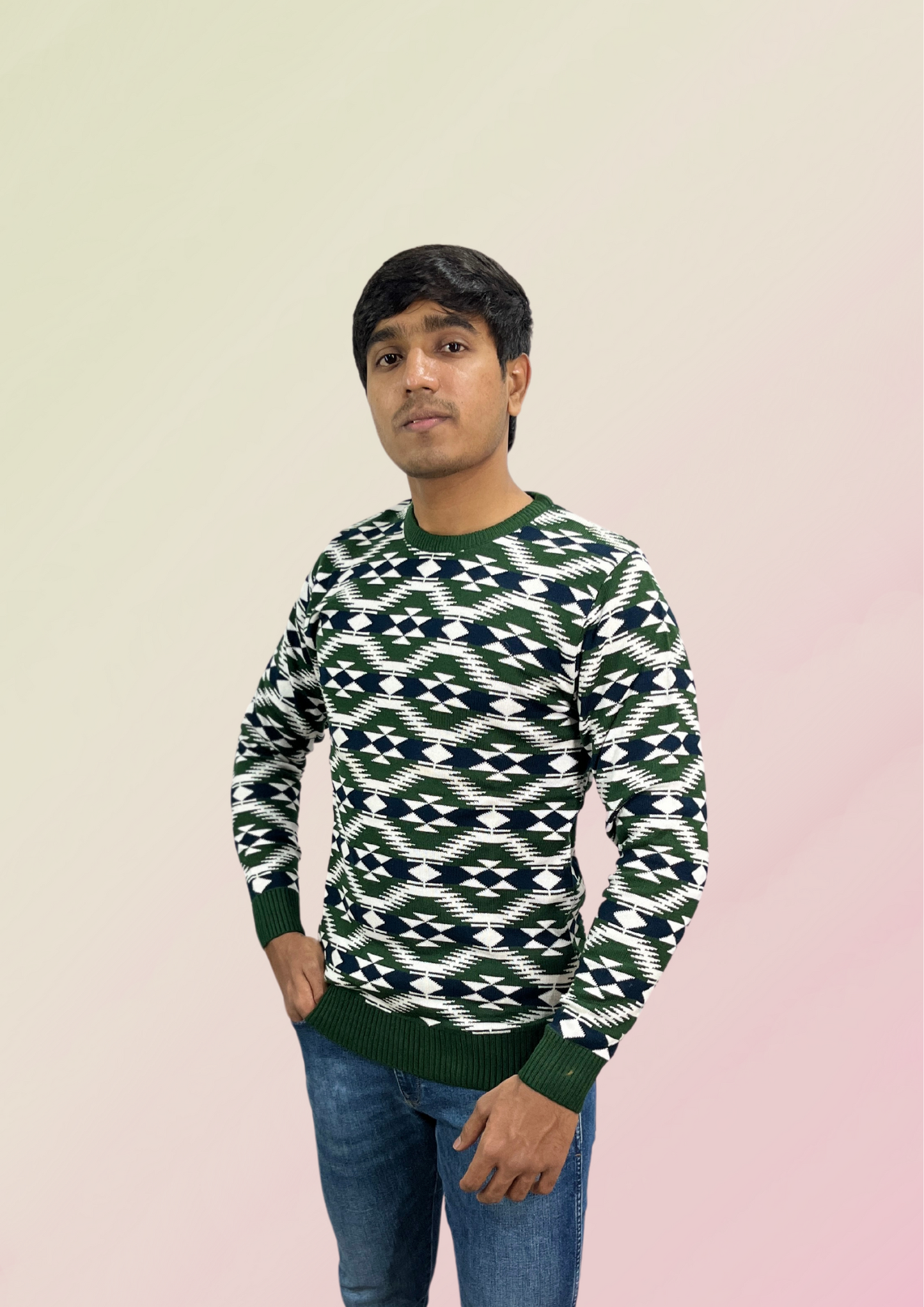 Men's Forest Green Tribal Pattern Sweater - Bold & Timeless