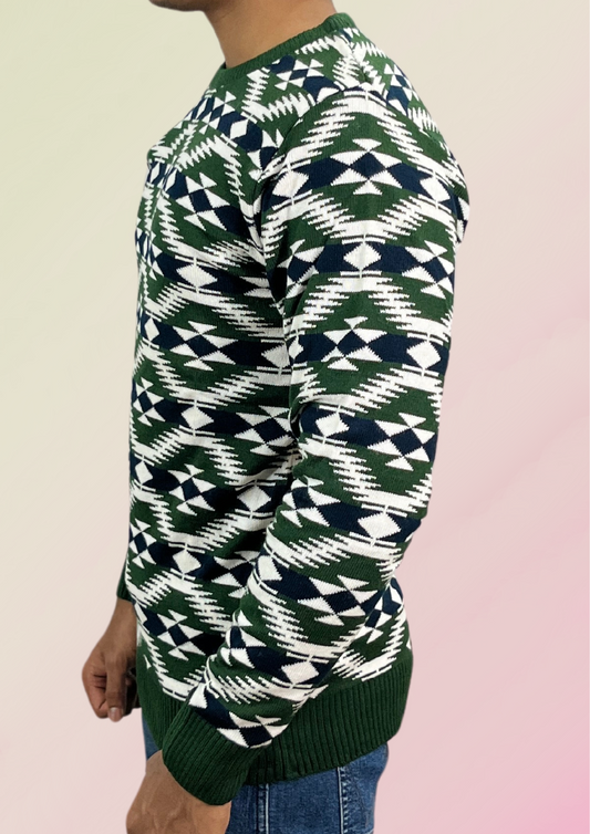 Men's Forest Green Tribal Pattern Sweater - Bold & Timeless