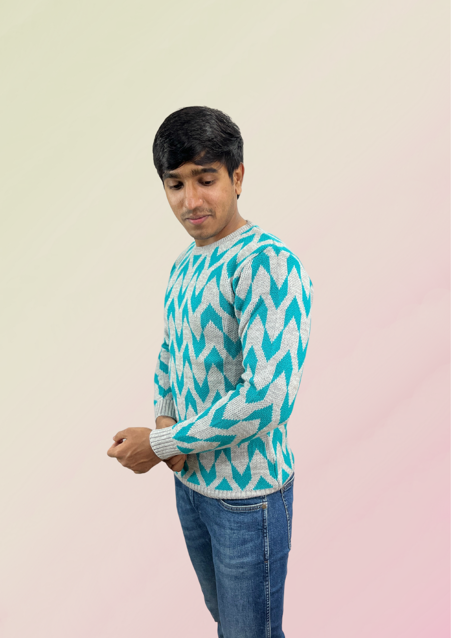 Men's Turquoise Chevron Knit Sweater - Vibrant & Cozy