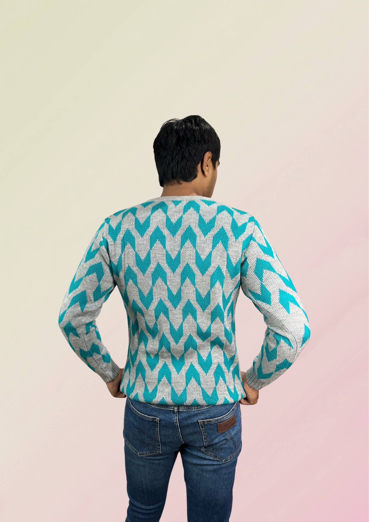 Men's Turquoise Chevron Knit Sweater - Vibrant & Cozy