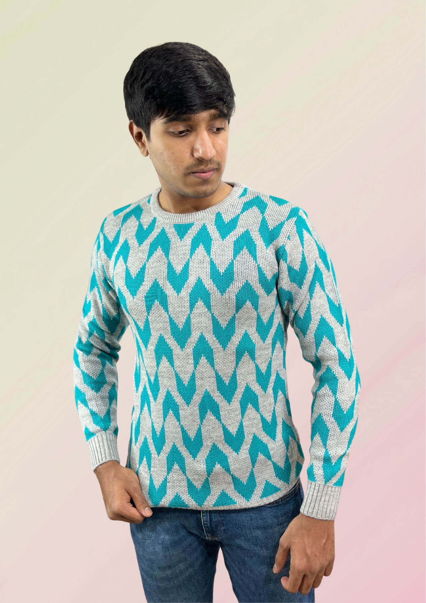 Men's Turquoise Chevron Knit Sweater - Vibrant & Cozy