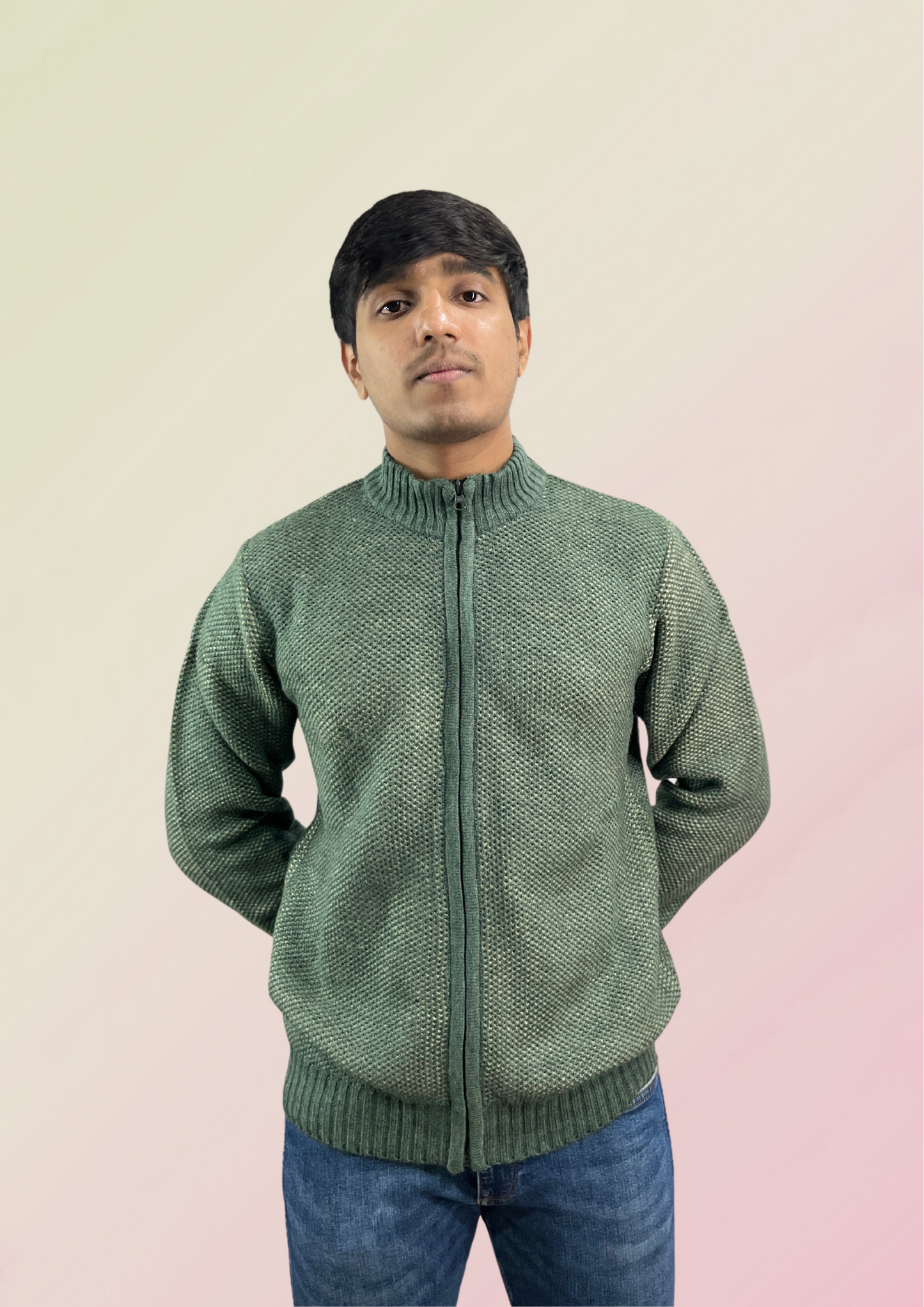 Men's Textured Knit Zip-Up Sweater - Sage Green