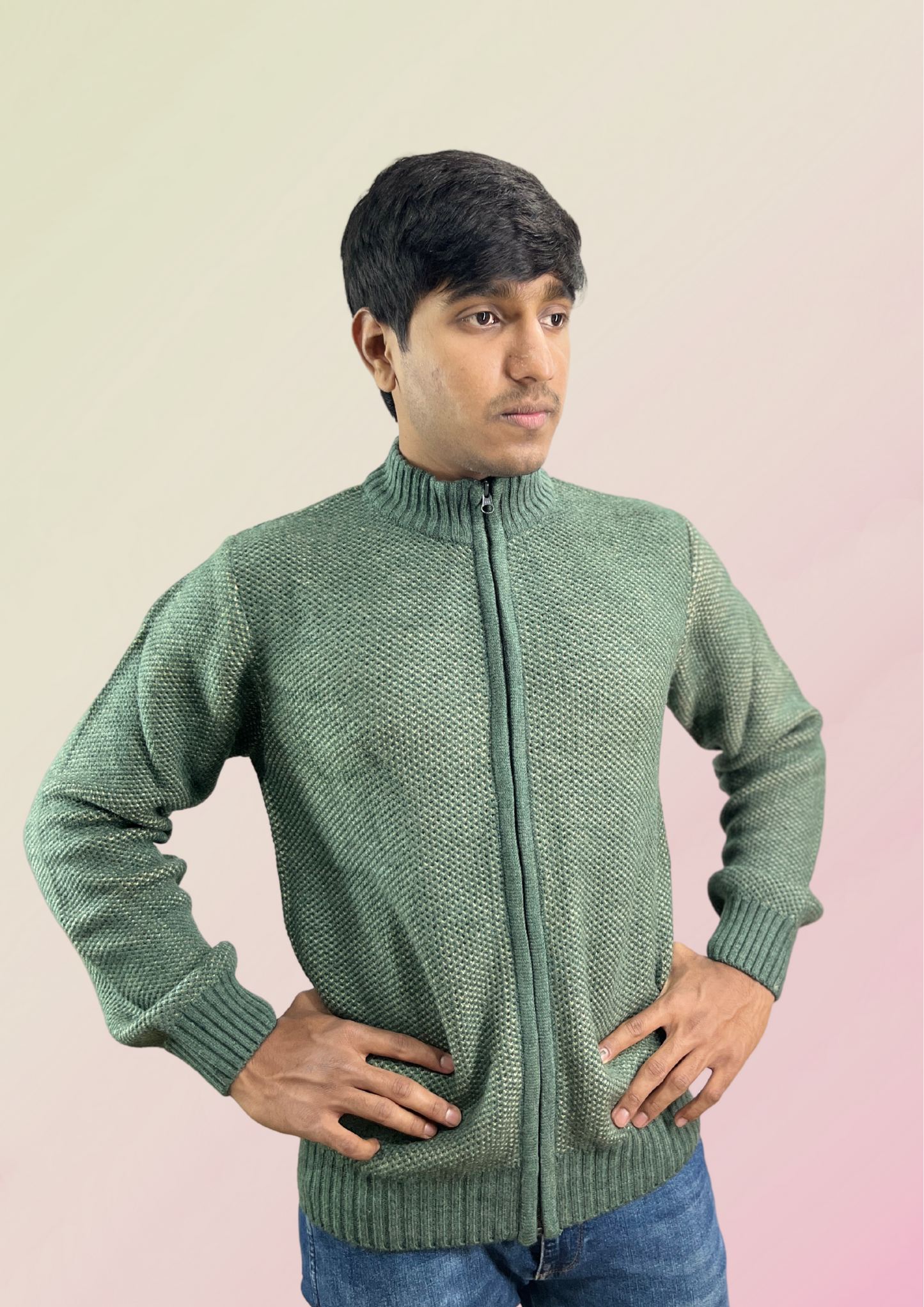 Men's Textured Knit Zip-Up Sweater - Sage Green