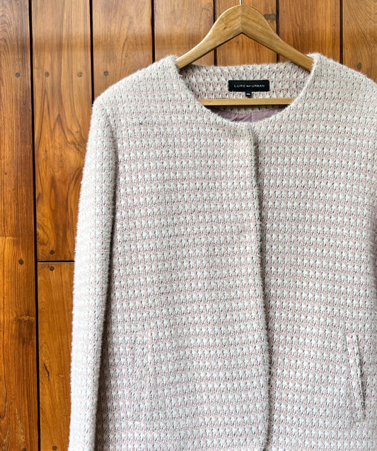 Cream tweed wool coat with pastel thread accents and round neckline

