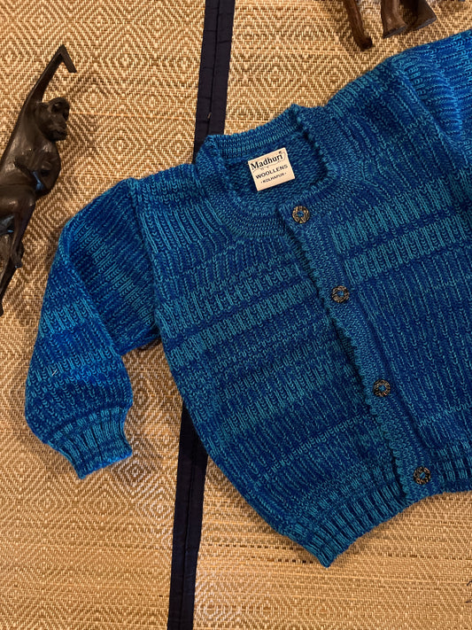 Blue baby woolen cardigan and pom-pom cap set – Madhuri Woollens