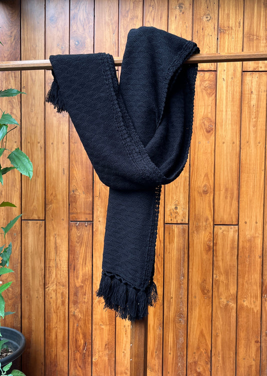 Black woollen shawl with fringes – Madhuri Woollens classic winter wrap
