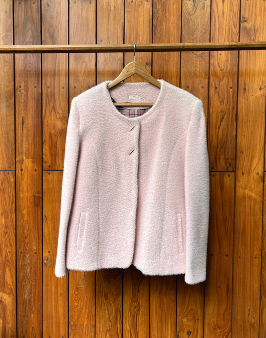 Blush pink women’s soft wool coat with round neck