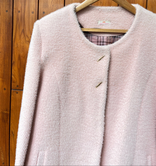 Blush pink women’s soft wool coat with round neck
