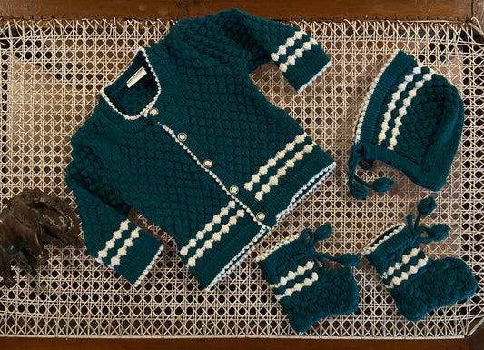 Green baby sweater, cap and booties set by Madhuri Woollens