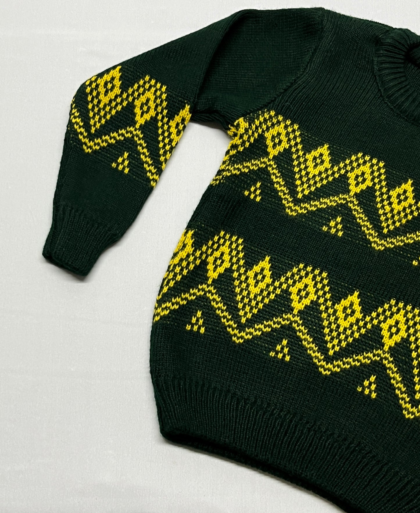 Classic Geometric Knit Sweater for Kids in Forest Green & Yellow