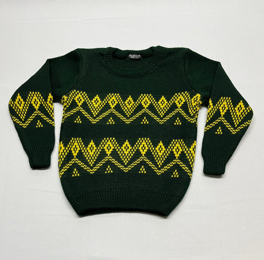 Classic Geometric Knit Sweater for Kids in Forest Green & Yellow