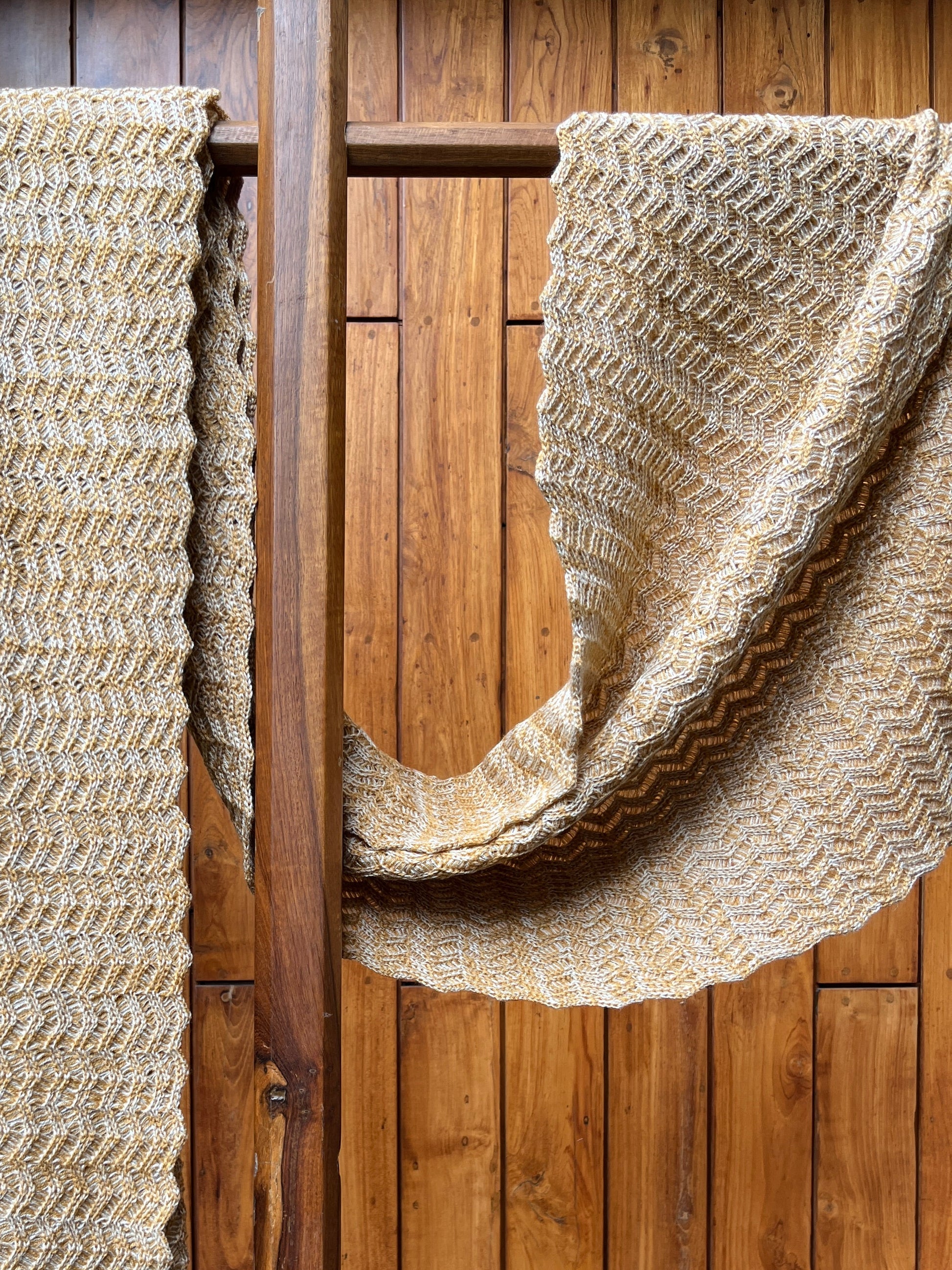 Golden beige woollen shawl with chevron weave and fringes –  winter wrap by Madhuri Woollens