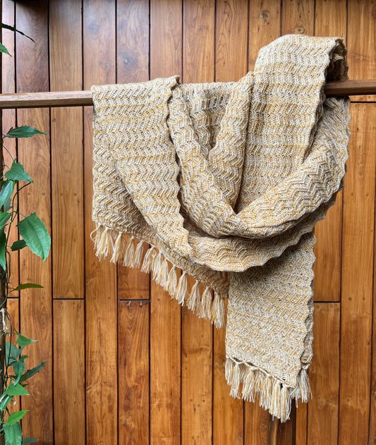 Golden beige woollen shawl with chevron weave and fringes –  winter wrap by Madhuri Woollens