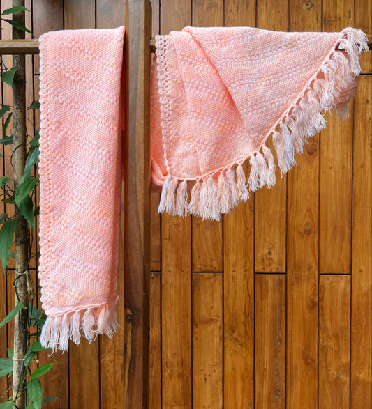 Peach woollen shawl with fringes – soft pastel winter wrap by Madhuri Woollens