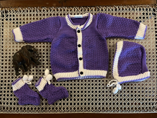 Purple and white baby wool sweater set with bonnet and booties