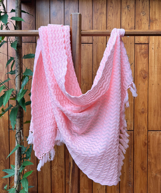 Pastel pink woollen shawl with chevron weave and fringes – Madhuri Woollens crafted winter shawl