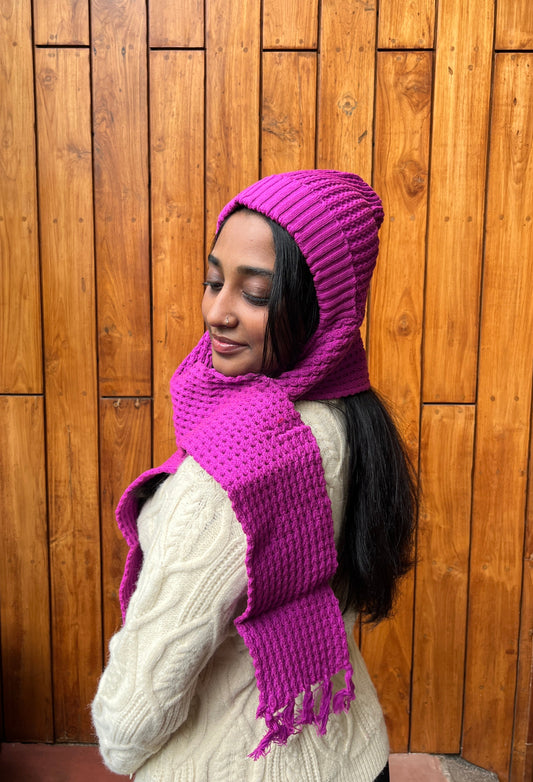 Woman wearing magenta woollen cap scarf  – Madhuri Woollens winter collection