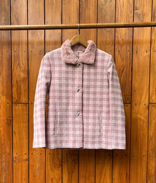 Pink checkered wool coat with faux fur collar for women – elegant winterwear