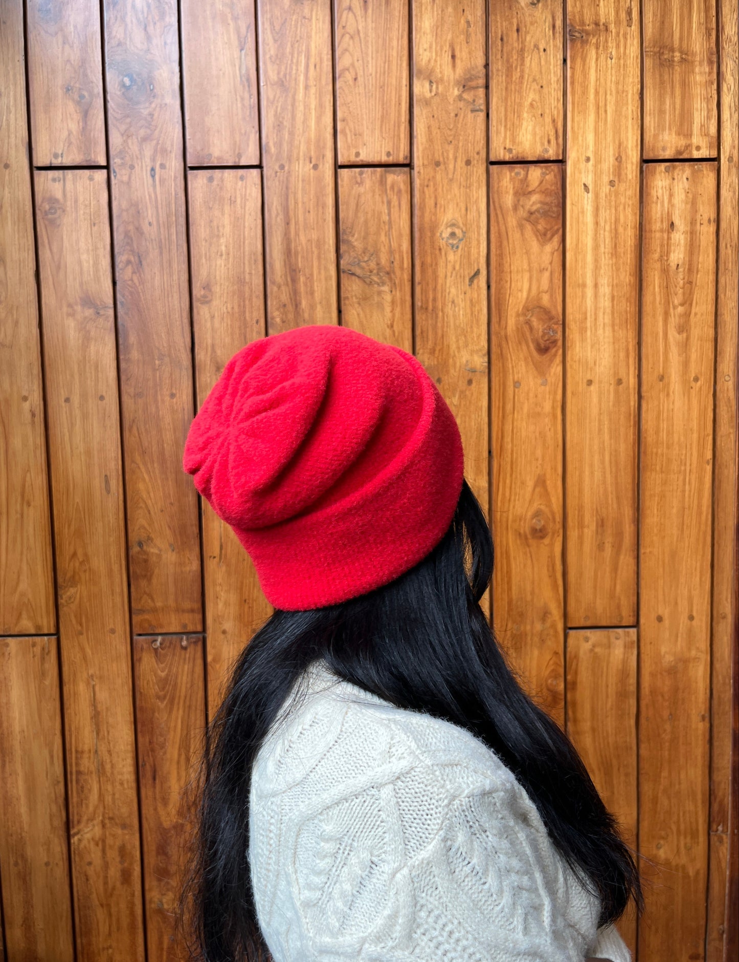 Red knit beanie for women – cozy winter cap in bright crimson shade