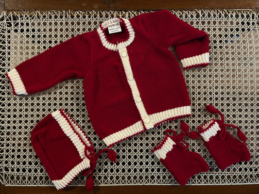 Red wool baby sweater, cap and booties set – handcrafted winter outfit