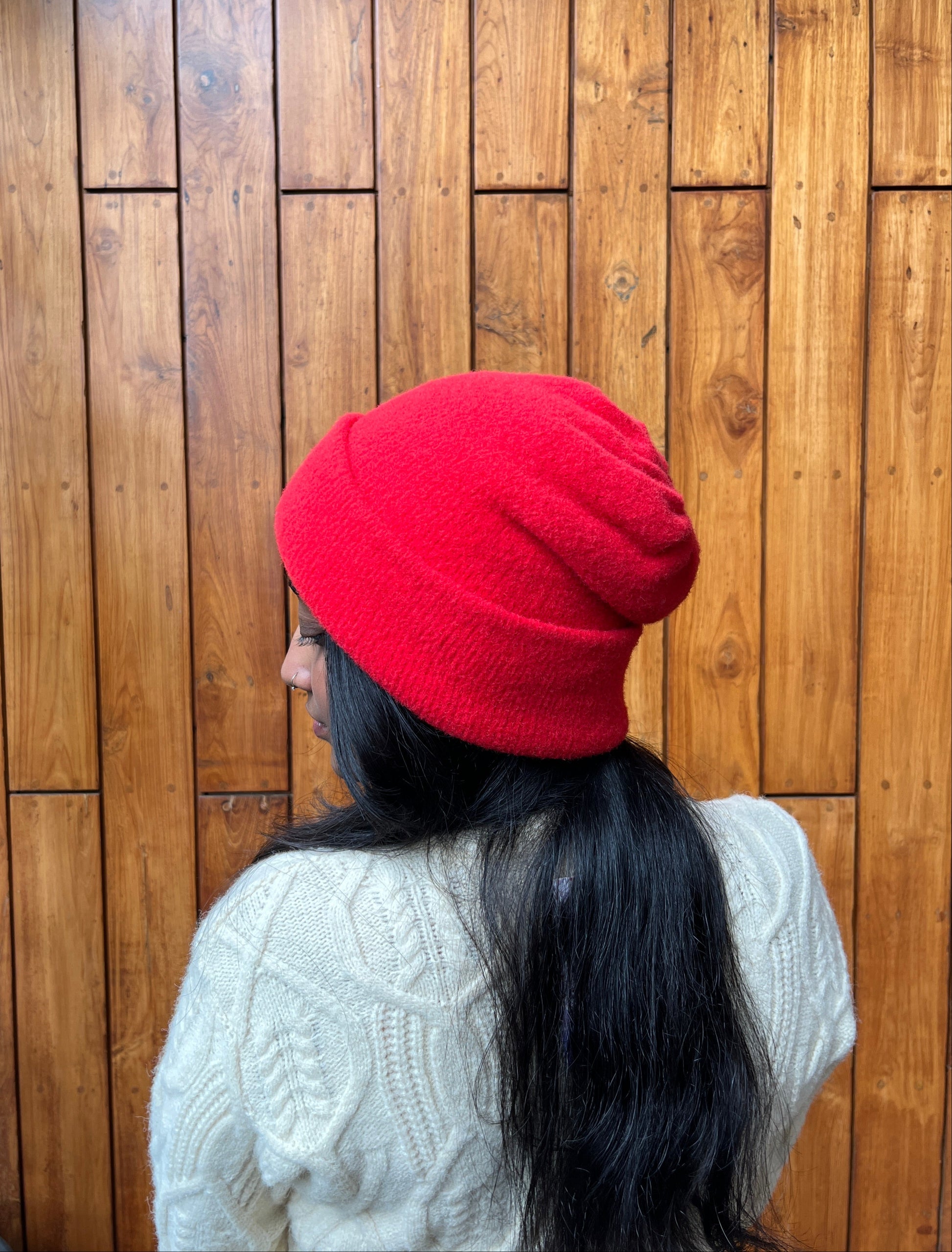 Red knit beanie for women – cozy winter cap in bright crimson shade