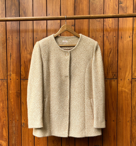 Golden beige long wool coat for women with minimalist design and round neck


