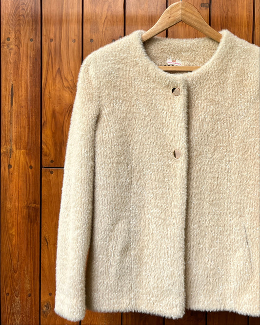 Beige fluffy ladies wool coat with soft texture and button front